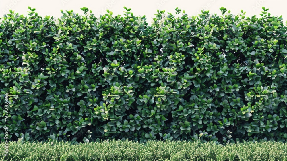 A row of green bushes in front of a white wall, suitable for various designs and concepts A row of green bushes in front of a white wall, suitable for various designs and concepts