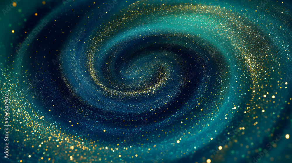 Gold Dust Particles Creating Spiral Waves in a Blue Liquid with a Green Tint. Abstract Glittering background. A whirlpool of shiny particles in a dark green thick fluidity. Gold Dust Particles Creating Spiral Waves in a Blue Liquid with a Green Tint. Abstract Glittering background. A whirlpool of shiny particles in a dark green thick fluidity.