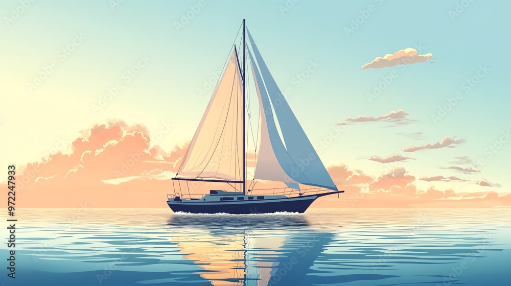 Fototapeta premium A sailboat glides across calm waters under a beautiful sunset sky.