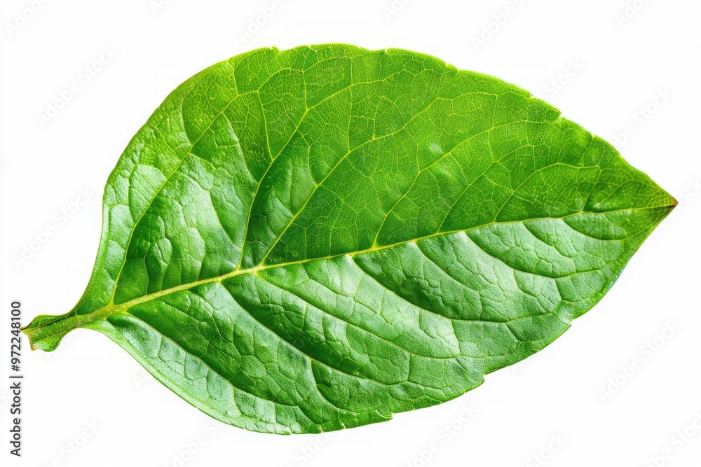 A single green leaf on a white background, ideal for use in botanical or environmental contexts A single green leaf on a white background, ideal for use in botanical or environmental contexts