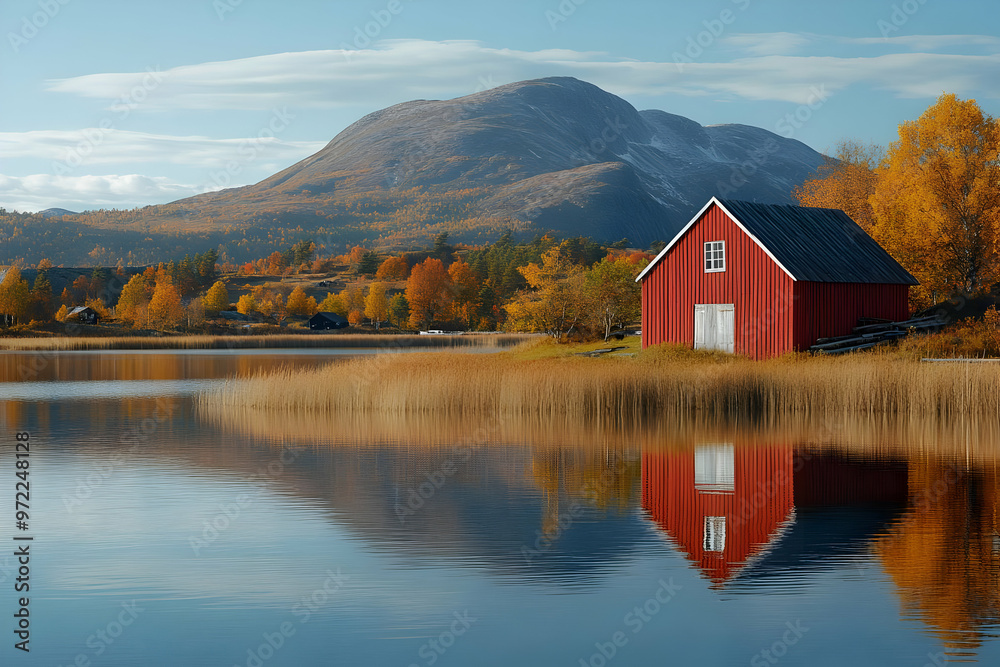 Fototapeta premium Red Barn Reflection in Autumn Lake with Mountain Background
