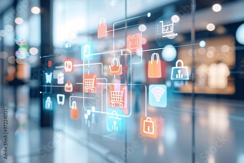 Digital storefront innovation, immersive shopping experience, 3D illustration, virtual retail concept, copy space,