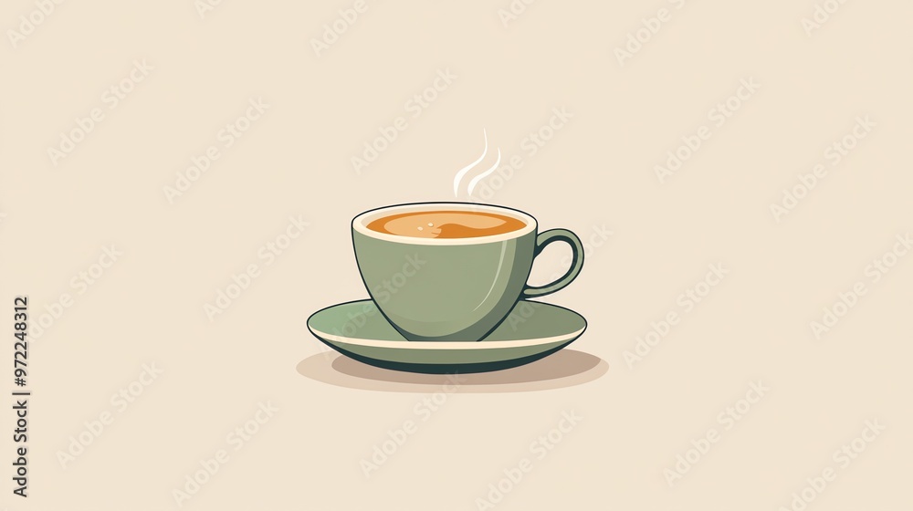 A green coffee cup with steam rising from it, sitting on a saucer. A green coffee cup with steam rising from it, sitting on a saucer.