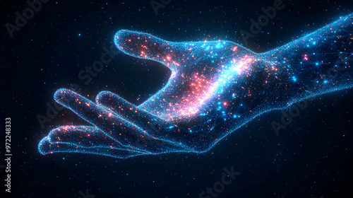 Abstract 3D Hand with Blue and Red Glowing Lights, Representing the Universe