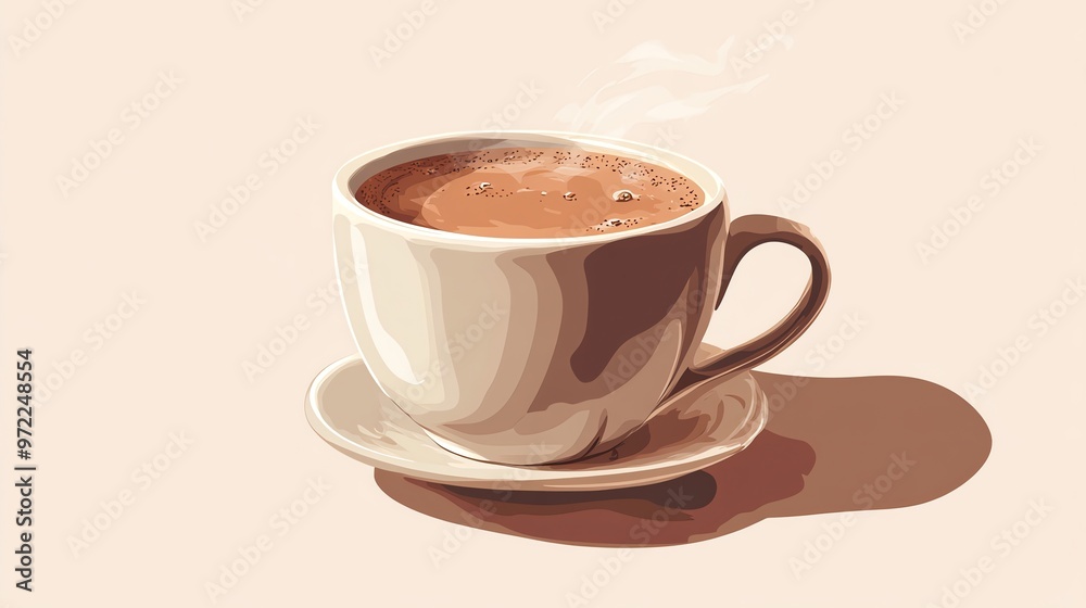 Fototapeta premium A steaming cup of coffee on a saucer with a beige background.