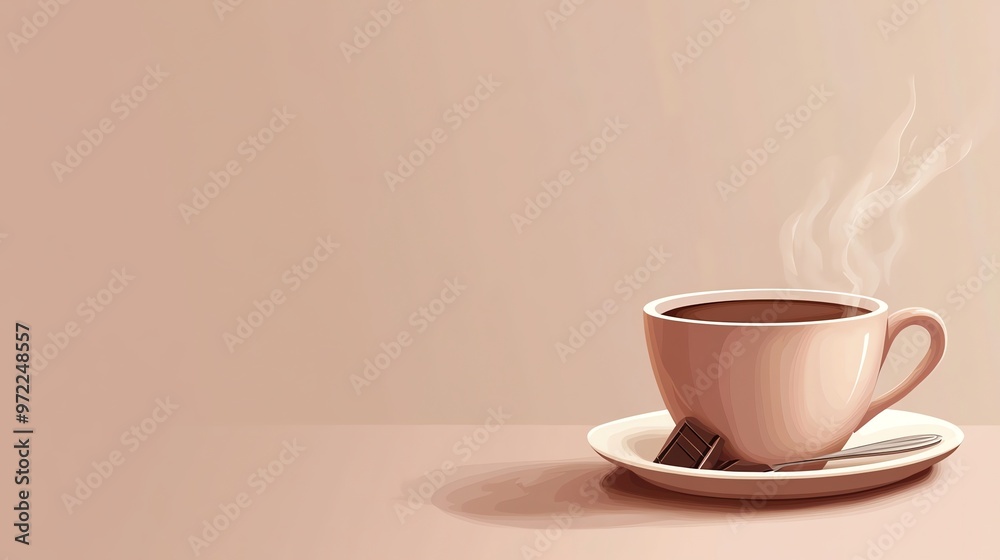 Obraz premium A steaming cup of coffee on a saucer with a square of chocolate, on a light brown surface.