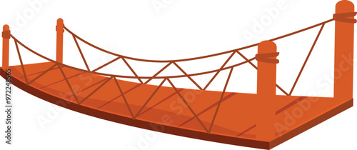 Wooden suspension bridge with ropes connecting two sides isolated on white background