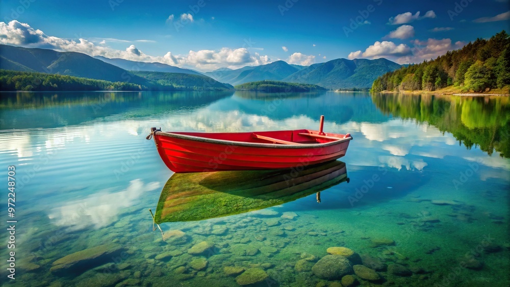 Clear lake with a solitary red boat moored in silence Clear lake with a solitary red boat moored in silence