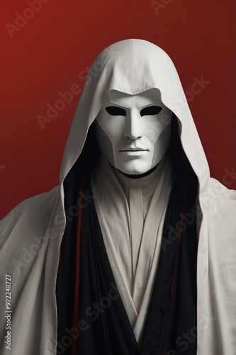 White Masked Figure with Robe on Red Background - Fictional Power in Simple Elegance