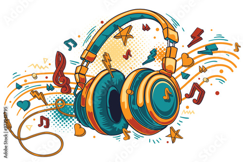 Music design - colorful audio headphones and musical notes