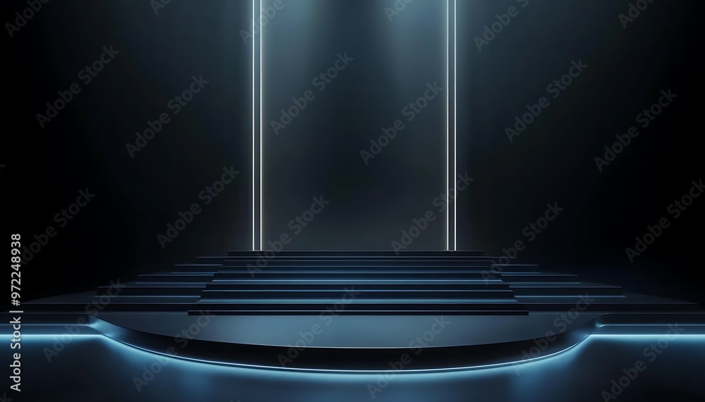 Futuristic dark podium with light and reflection background. Futuristic dark podium with light and reflection background.