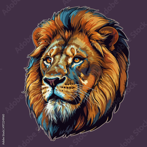 Majestic lion portrait with vibrant orange mane on a deep purple background