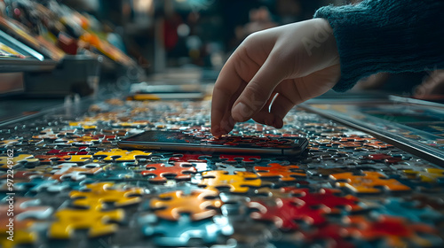 A Hand Reaching Towards a Smartphone Laying on a Colorful Puzzle with a Blurry Background