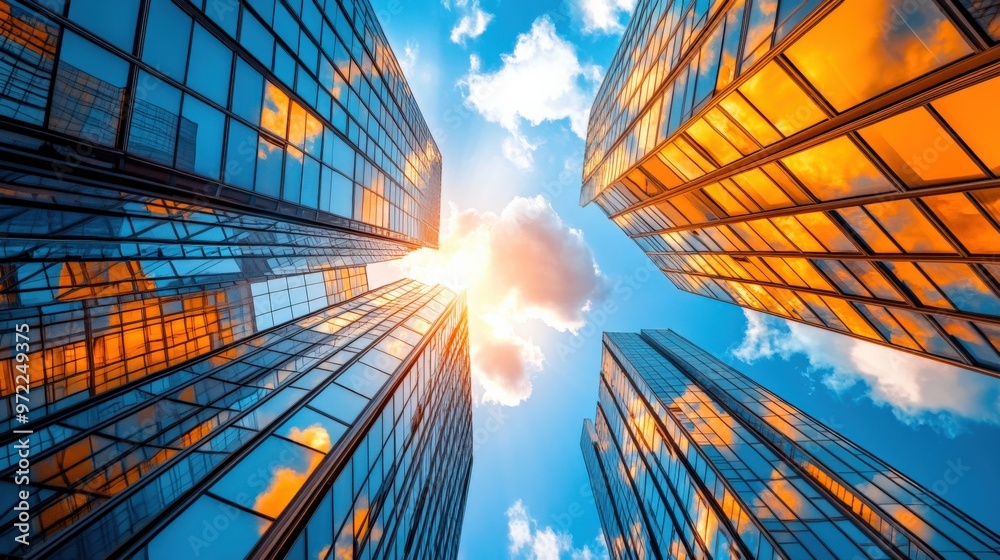 A stunning view of modern skyscrapers reflecting the sun and clouds, showcasing architectural beauty against a vibrant sky. A stunning view of modern skyscrapers reflecting the sun and clouds, showcasing architectural beauty against a vibrant sky.
