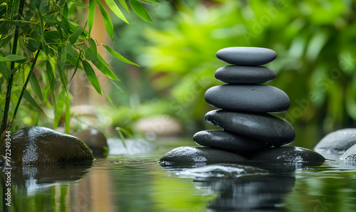 Zen stones stacked on a smooth rock in a serene pond.