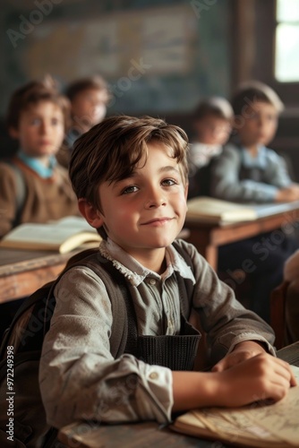 A young boy sits at his desk in a classroom, focused on his schoolwork