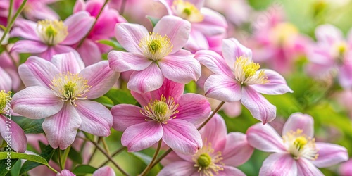 Close up of Clematis Montana pink flowers in springtime