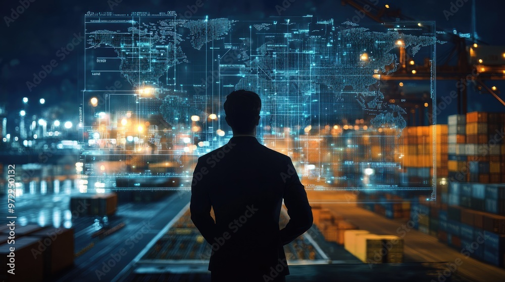 Businessman looks at a digital map of the world, superimposed over a cargo port at night, representing global trade and logistics. Businessman looks at a digital map of the world, superimposed over a cargo port at night, representing global trade and logistics.