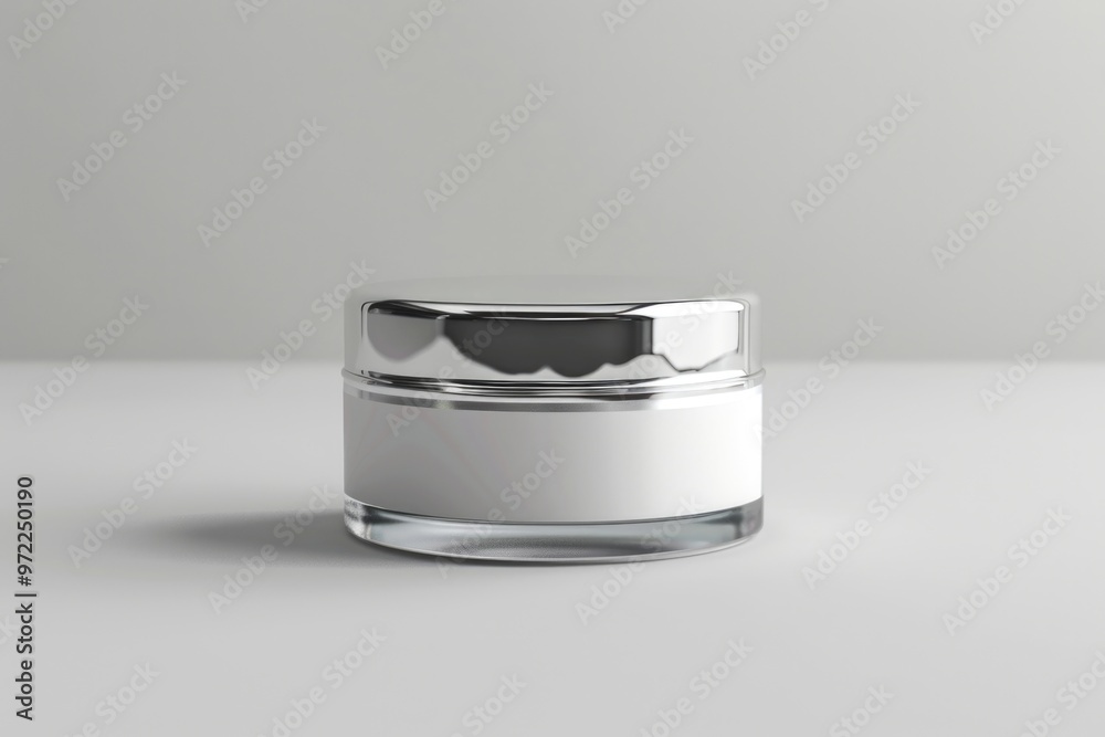 A glass jar with a silver lid sits on a table, great for still life photography or product shots A glass jar with a silver lid sits on a table, great for still life photography or product shots