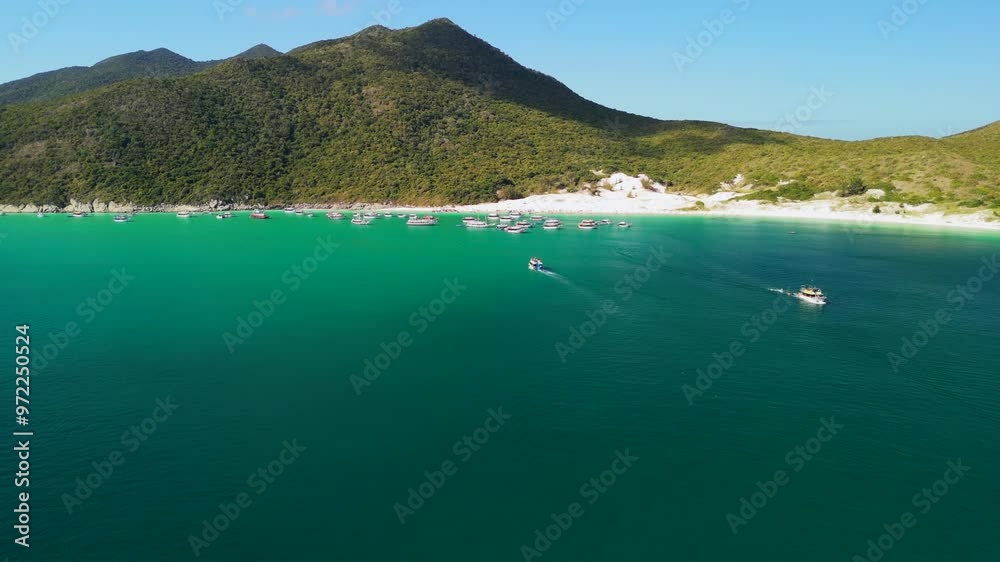 Aerial view of Arraial de Cabo dock yachts, diverse boats near the shore, Brazil paradise Aerial view of Arraial de Cabo dock yachts, diverse boats near the shore, Brazil paradise