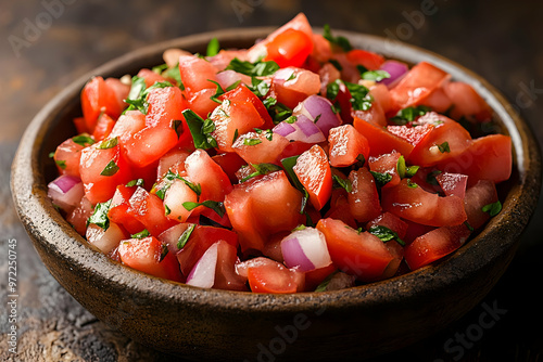 Fresh Homemade Salsa with Tomatoes Onions and Cilantro in a Wooden Bowl