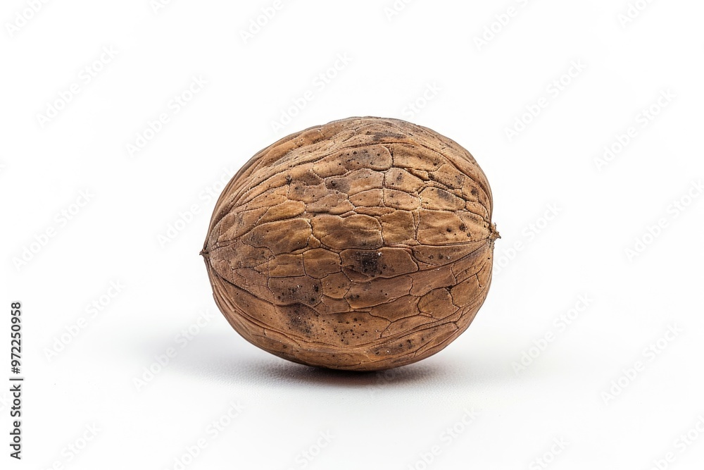 A single walnut shell on a clean white surface A single walnut shell on a clean white surface