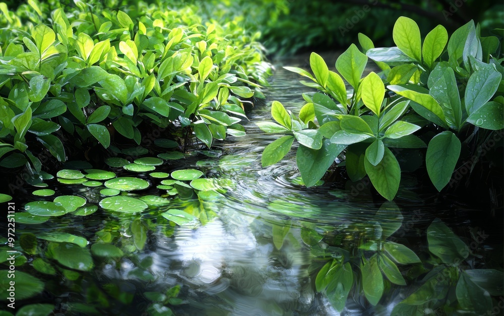 A spring stream flowing through a dense patch of young, green plants with sunlight filtering through the leaves, casting soft reflections on the water A spring stream flowing through a dense patch of young, green plants with sunlight filtering through the leaves, casting soft reflections on the water