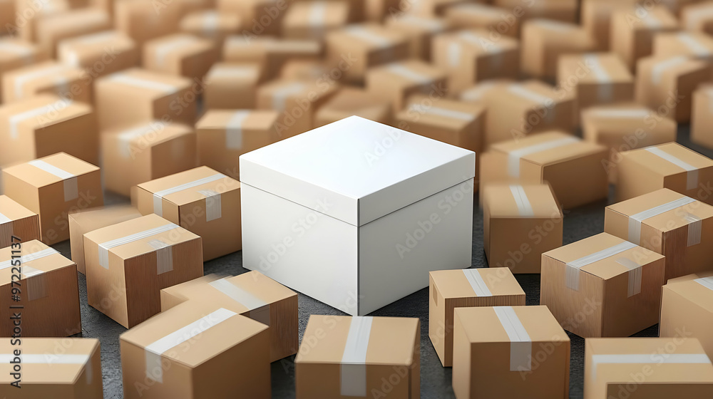 White Box Standing Out Among Cardboard Boxes White Box Standing Out Among Cardboard Boxes