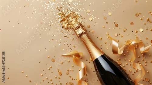 champagne bottle with golden ribbons and confetti on beige background