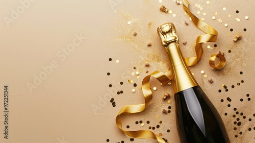 champagne bottle with golden ribbons and confetti on beige background