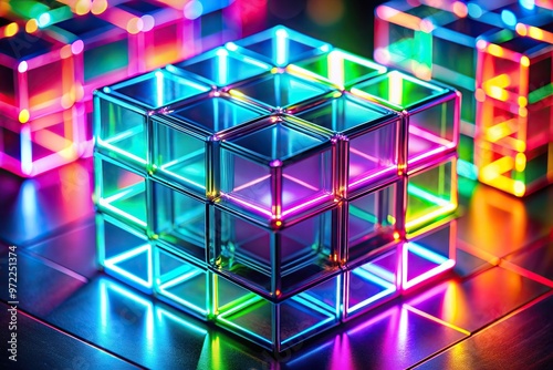 Abstract colorful bright neon cube and glowing block background Macro, glowing,abstract, colorful, geometric, block, geometric, light, bright, colorful, 3D, pattern, background, neon