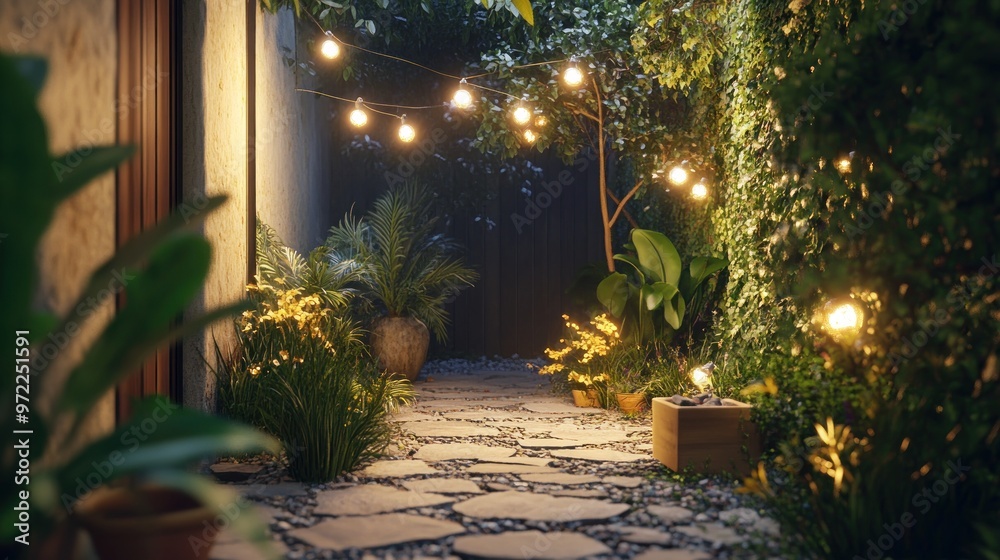 Obraz premium A serene garden pathway illuminated by string lights, surrounded by lush greenery.