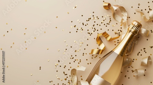 champagne bottle with golden ribbons and confetti on beige background