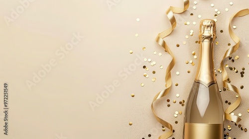 champagne bottle with golden ribbons and confetti on beige background