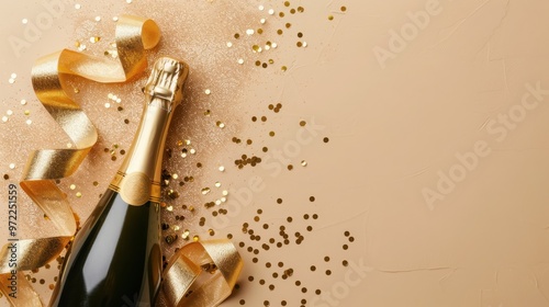 champagne bottle with golden ribbons and confetti on beige background