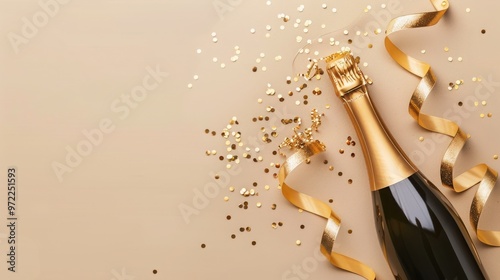 champagne bottle with golden ribbons and confetti on beige background photo