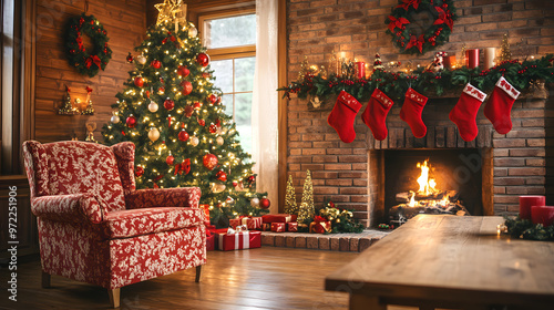 Cozy living room with Christmas tree, lit fireplace, rustic wooden table, and festive decor for a warm holiday setting