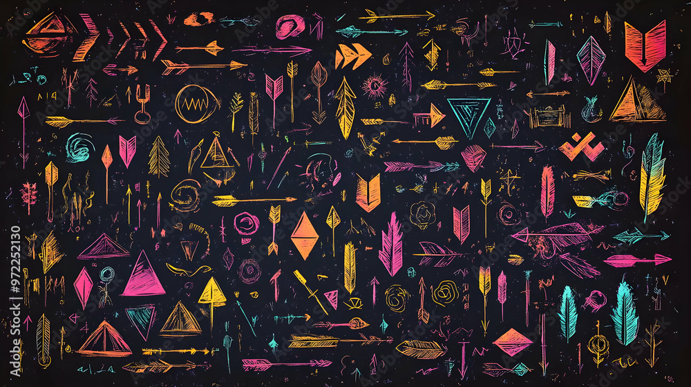Obraz premium Colorful Neon Boho Tribal Arrows Feathers and Geometric Shapes Pattern