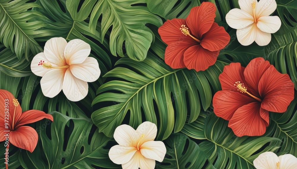 A refreshing spring landscape of tropical ferns and banana leaves, dotted with bright flowers like hibiscus in full bloom A refreshing spring landscape of tropical ferns and banana leaves, dotted with bright flowers like hibiscus in full bloom