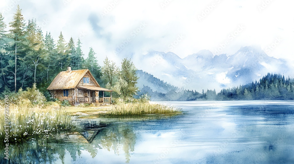 Fototapeta premium A watercolor painting of a cozy cabin by a lake in the mountains.