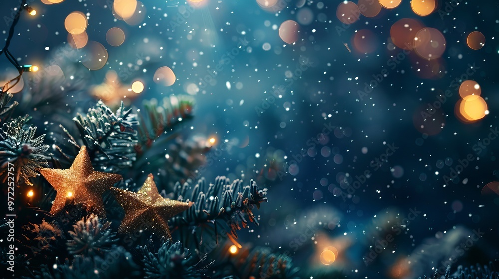 Festive Christmas garland with glowing bokeh lights on a dark blue background, creating a magical holiday atmosphere perfect for seasonal decorations, winter celebrations, and joyful event designs. Festive Christmas garland with glowing bokeh lights on a dark blue background, creating a magical holiday atmosphere perfect for seasonal decorations, winter celebrations, and joyful event designs.