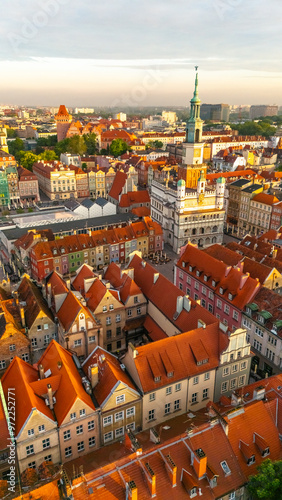 morning central square of the city of poznan with the town hall at dawn in spring