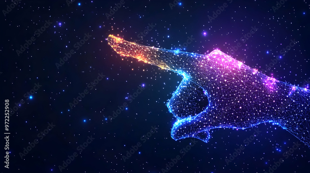 Abstract Digital Hand Glowing with Blue and Red Lights Pointing Upwards Against a Dark Background of Stars Abstract Digital Hand Glowing with Blue and Red Lights Pointing Upwards Against a Dark Background of Stars