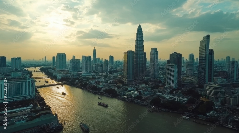 Obraz premium A breathtaking aerial perspective of Bangkok, highlighting its dynamic skyline with iconic