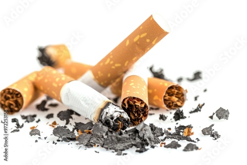 A pile of cigarettes sits on a white surface, perfect for a still life photo or an illustration photo