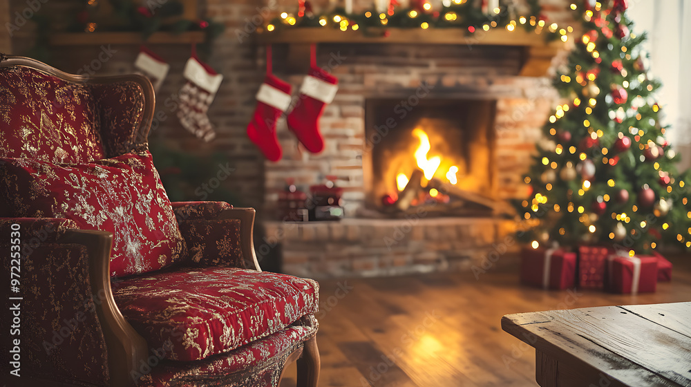 Christmas tree and lit fireplace in cozy living room with rustic wooden table, festive decor, and warm bokeh lights