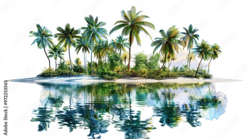 A tropical island landscape with palm trees reflecting in the water A tropical island landscape with palm trees reflecting in the water
