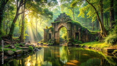 Close-Up ancient ruin stone gate lush green forest sunlight mysterious