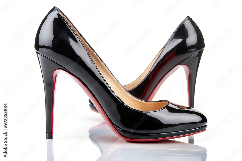 Close-Up black high heels red soles white background reflection Close-Up black high heels red soles white background reflection