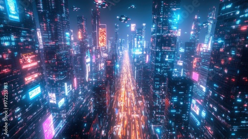 Wallpaper Mural A vibrant, futuristic cityscape illuminated by neon lights and bustling with activity. Torontodigital.ca